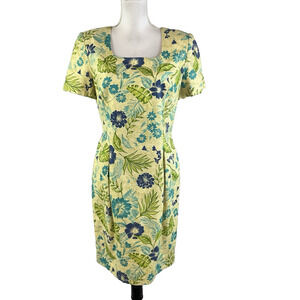 Maggy London Dress size 10 Green Blue Floral Linen Straight Knee Church Wedding